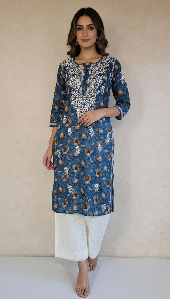 Image of Blue Print Mul Cotton Chikankari Kurta
