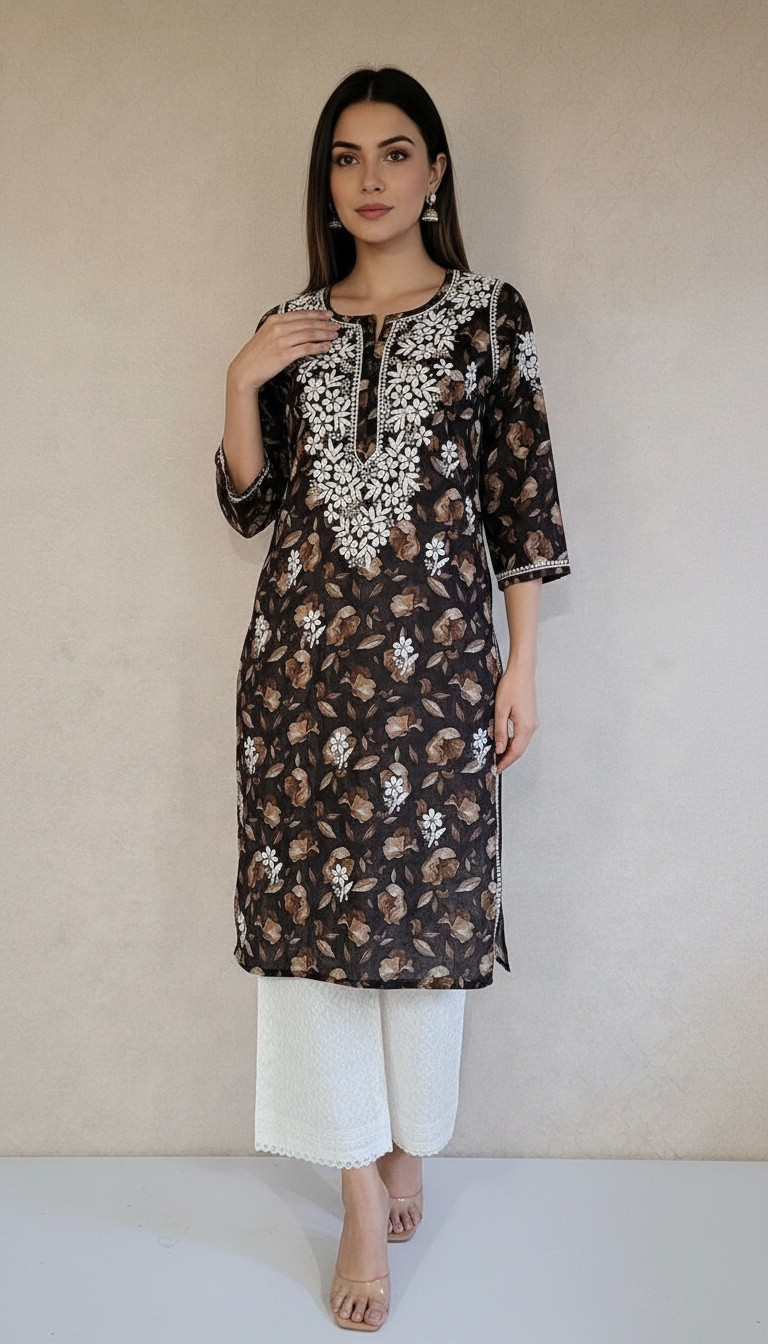Black Print Mul Cotton Chikankari Kurta
