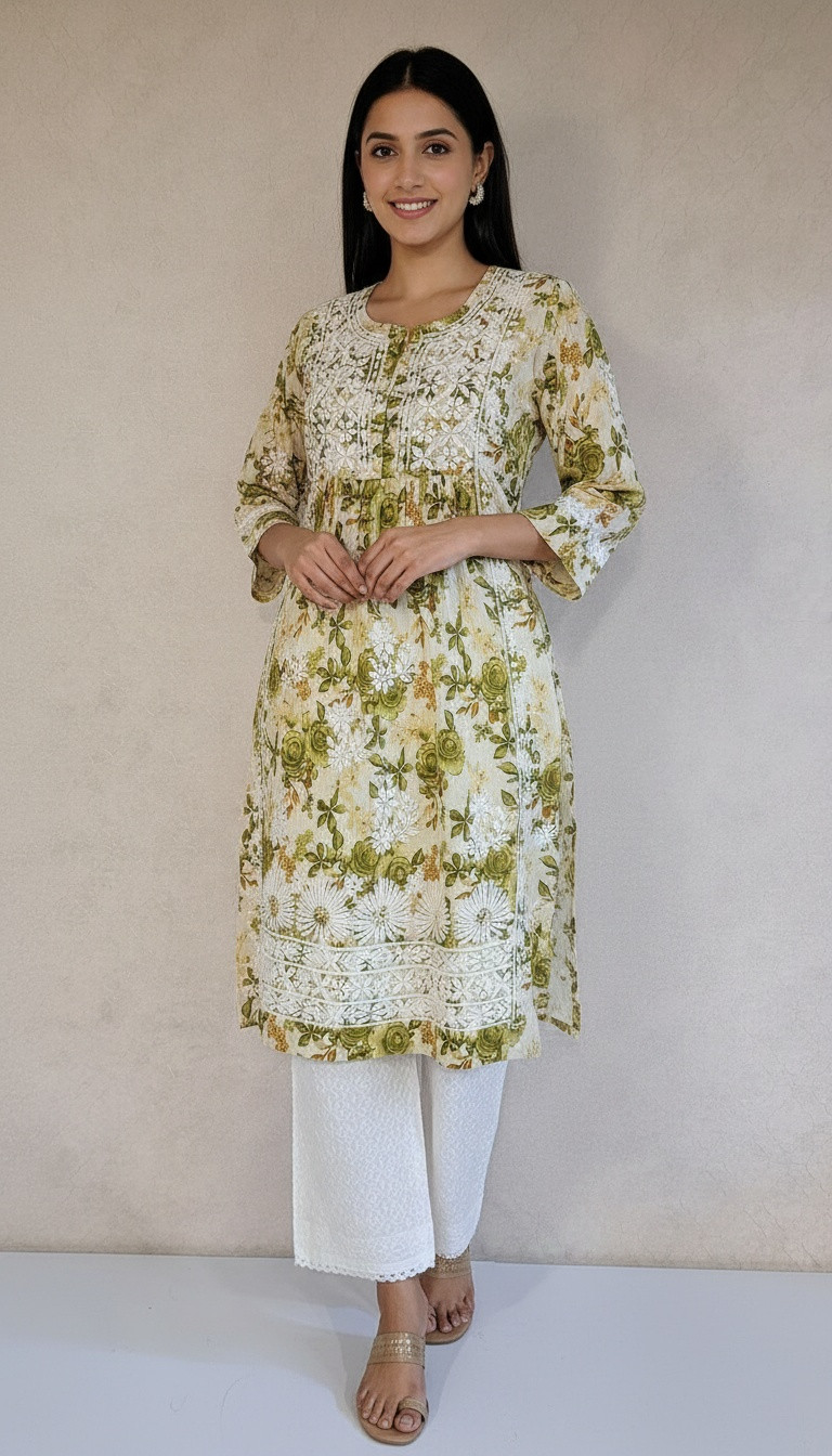 Green Mul Cotton Chikankari Kurta