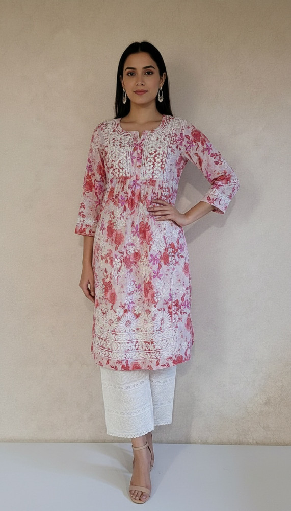 Image of Pink Mul Cotton Chikankari Kurta