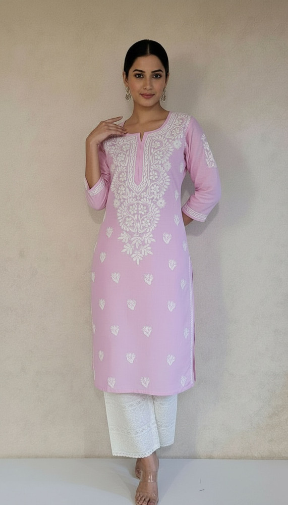 Image of Baby Pink Slub Cotton Chikankari Kurta