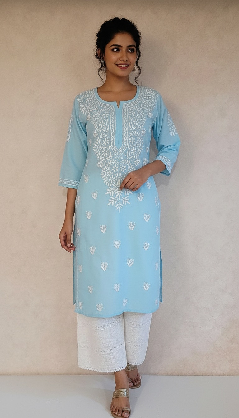 Sky Blue Slub Cotton Chikankari Kurta
