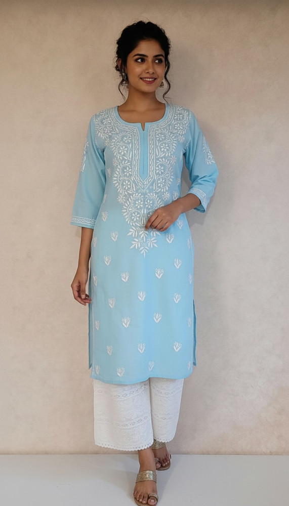 Image of Sky Blue Slub Cotton Chikankari Kurta