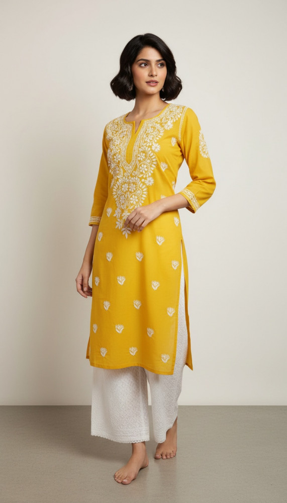 Image of Mustard Yellow Slub Cotton Chikankari Kurtr