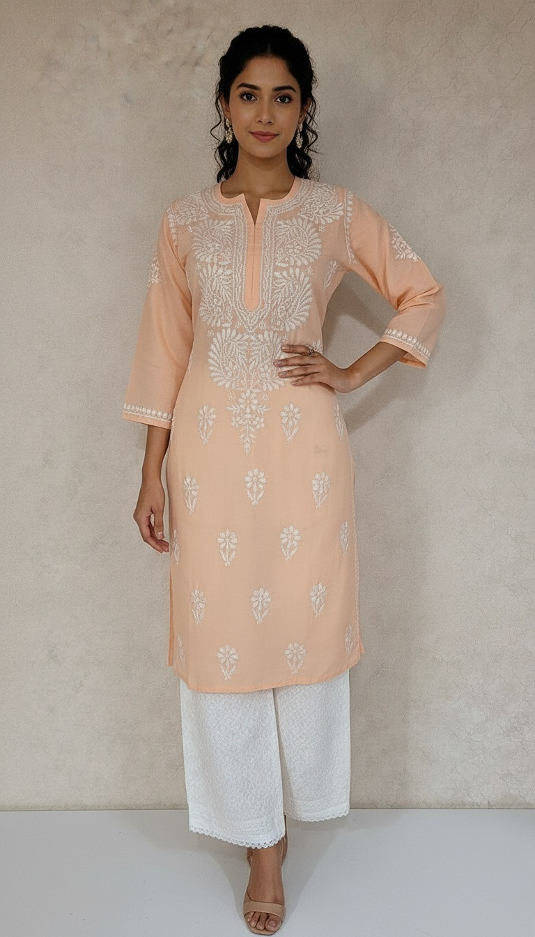 Peach Slub Cotton Chikankari Kurta