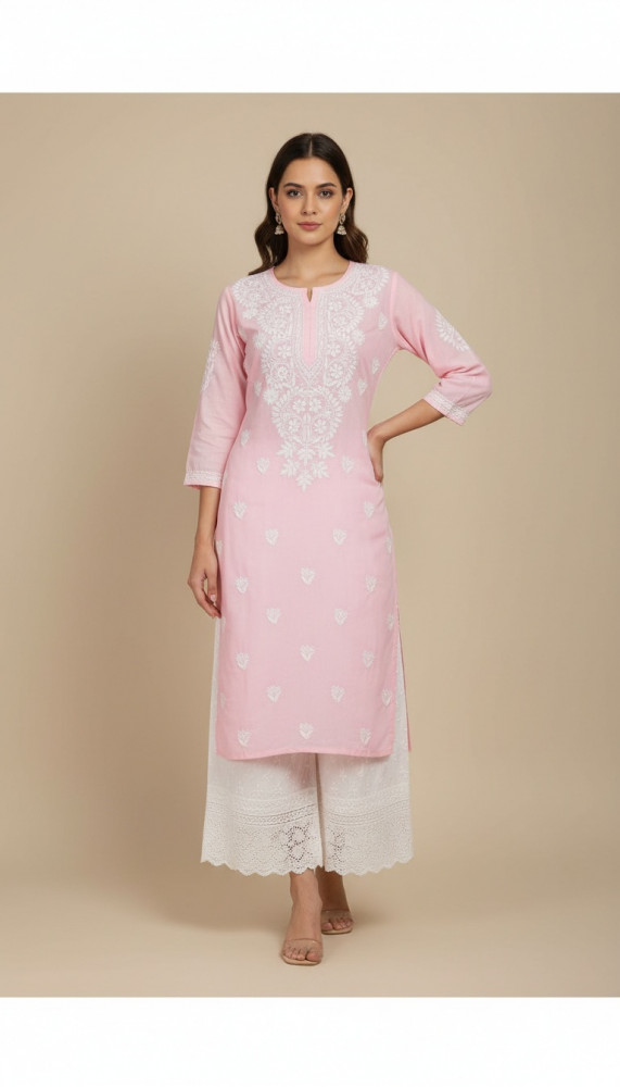 Image of Pink Slub Cottton Chikankari Kurta