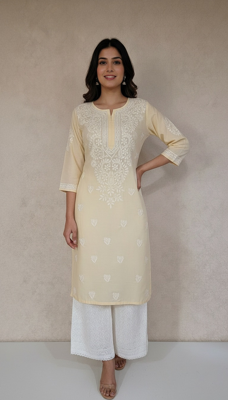 Light Cream Slub Cotton Chikankari Kurta