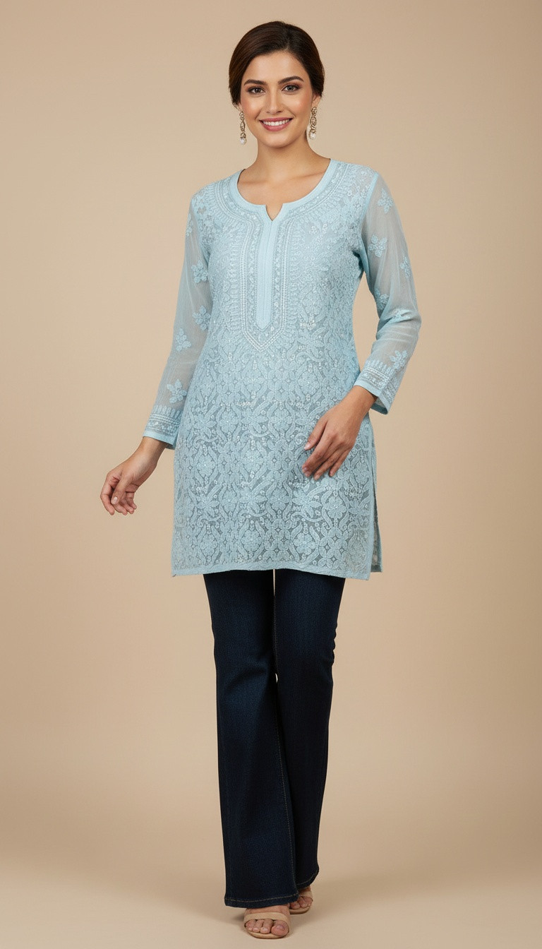 Teal Blue Pure Georgette Chikankari Short Top