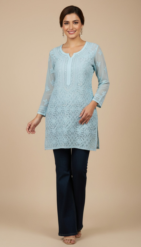 Image of Teal Blue Pure Georgette Chikankari Short Top