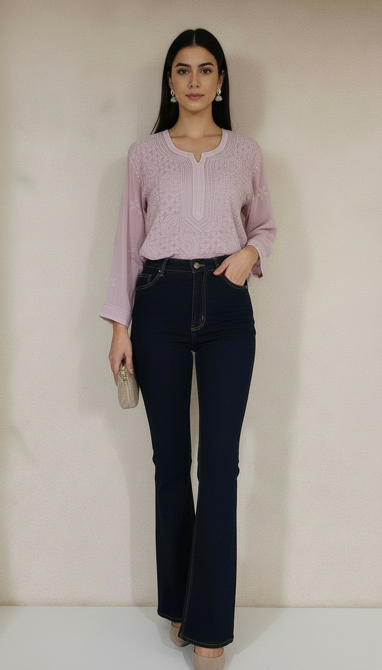 Mauve Pure Georgette Chikankari Short Top