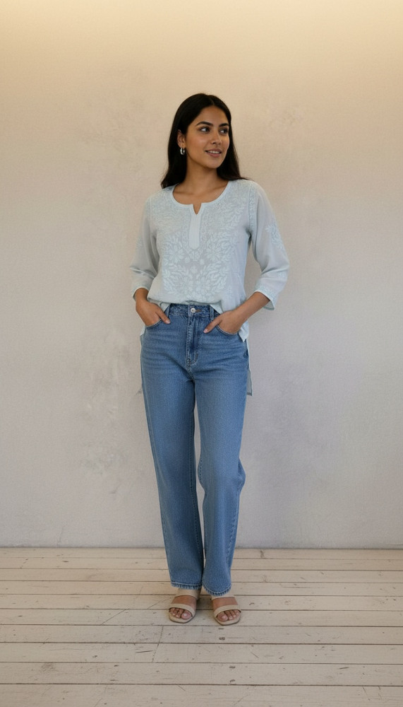 Image of Sea Green Modal Chikankari Short Top