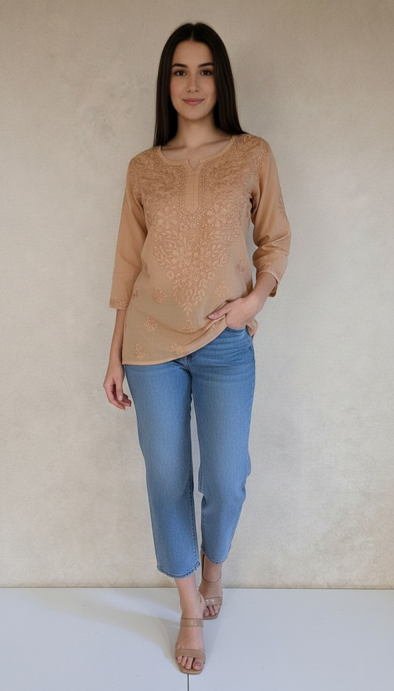 Image of Brown Modal Chikankari Short Top