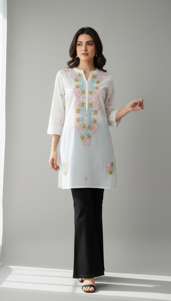 Image of White Mul Chanderi Chikankari Short Top