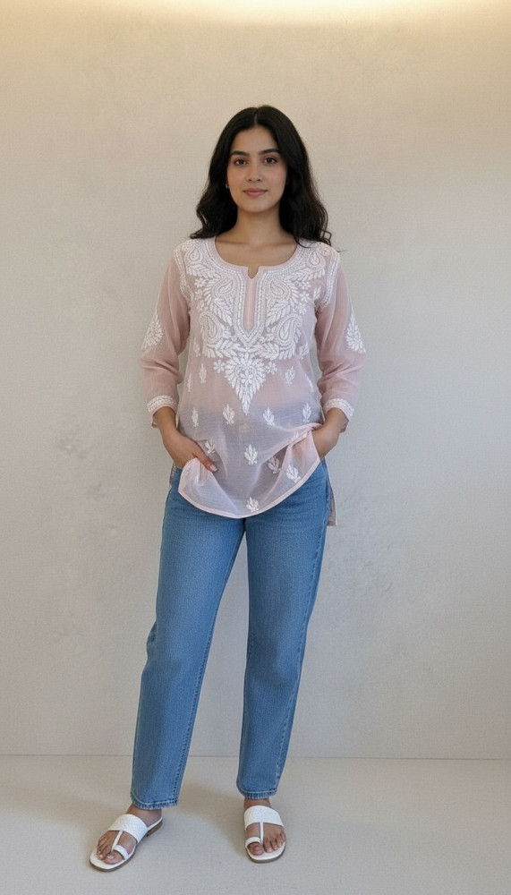 Image of Ivory Mul Chanderi Chikankari Short Top