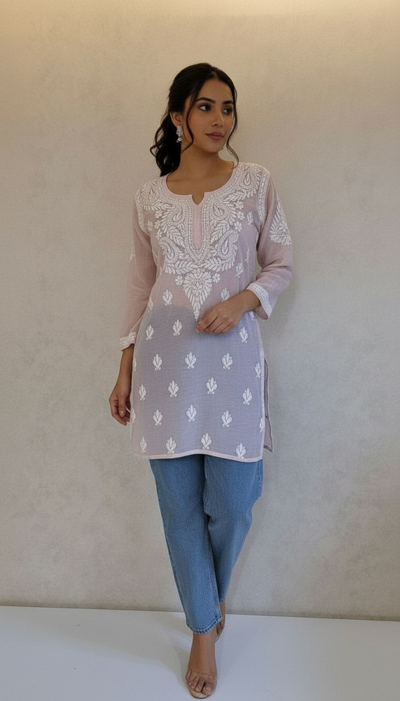 Image of Nude Pink Mul Chanderi Chikankari Short Top