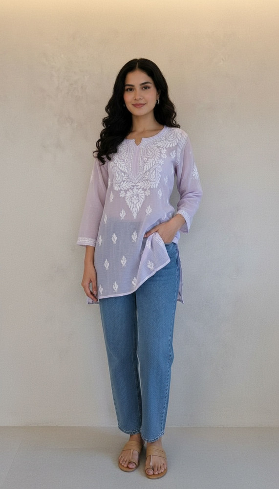 Image of Purple Mul Chanderi Chikankari Short Top