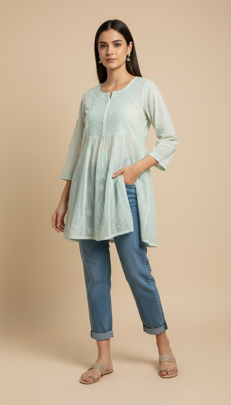 Sea Green Mul Chanderi Chikankari Short Top