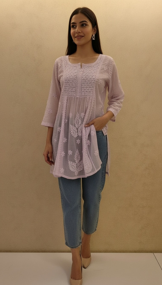 Image of Purple Mul Chanderi Chikankari Short Top