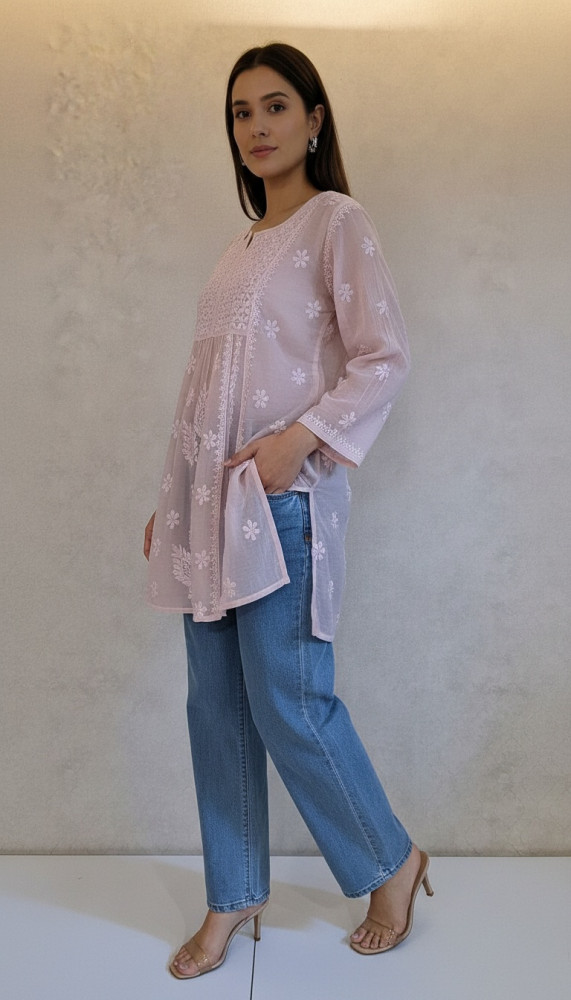Image of Mauve Mul Chanderi Chikankari Short Top