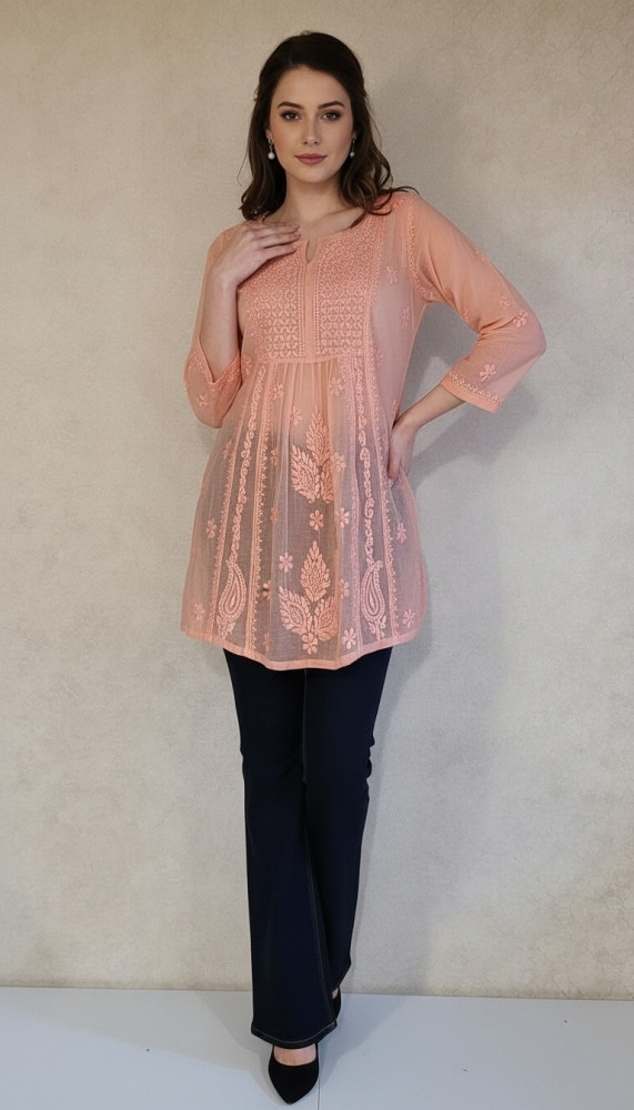 Image of Dark Peach Mul Chanderi Chikankari Short Top