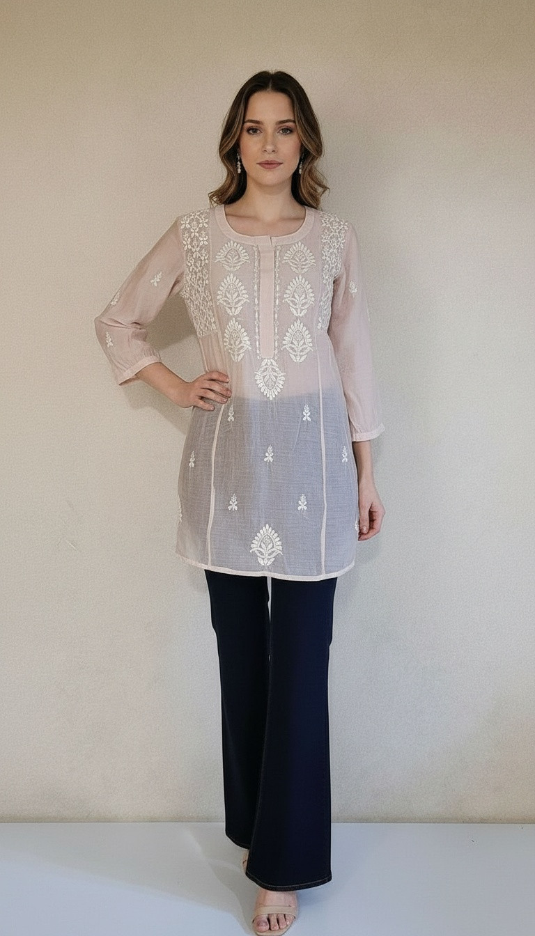Nude Pink Muslin Chikankari Short Top
