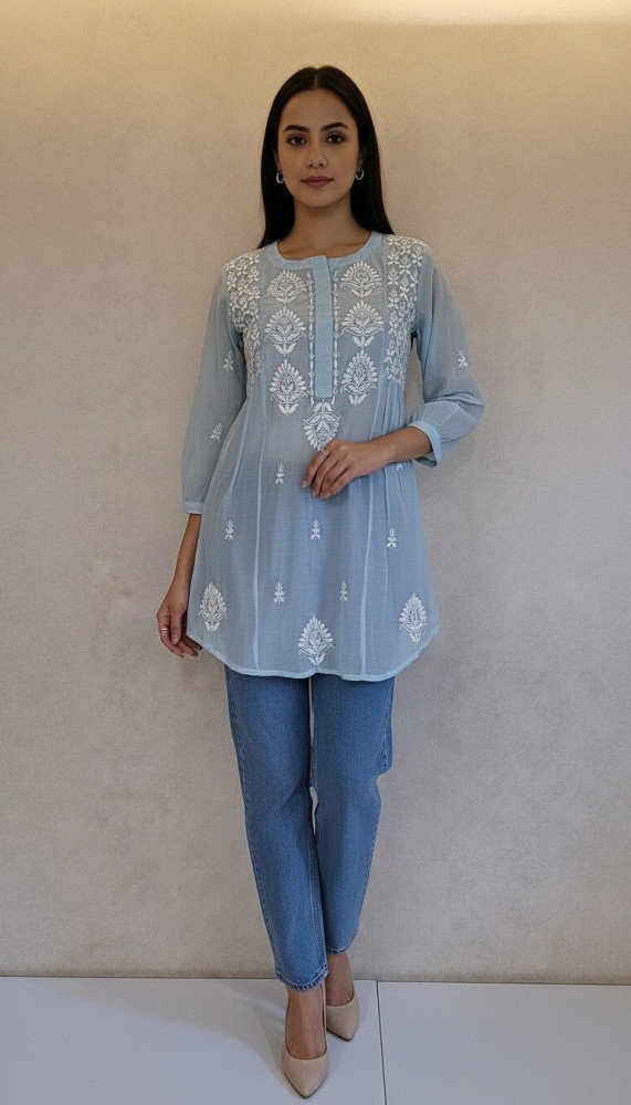 Image of Teal Muslin Chikankari Short Top