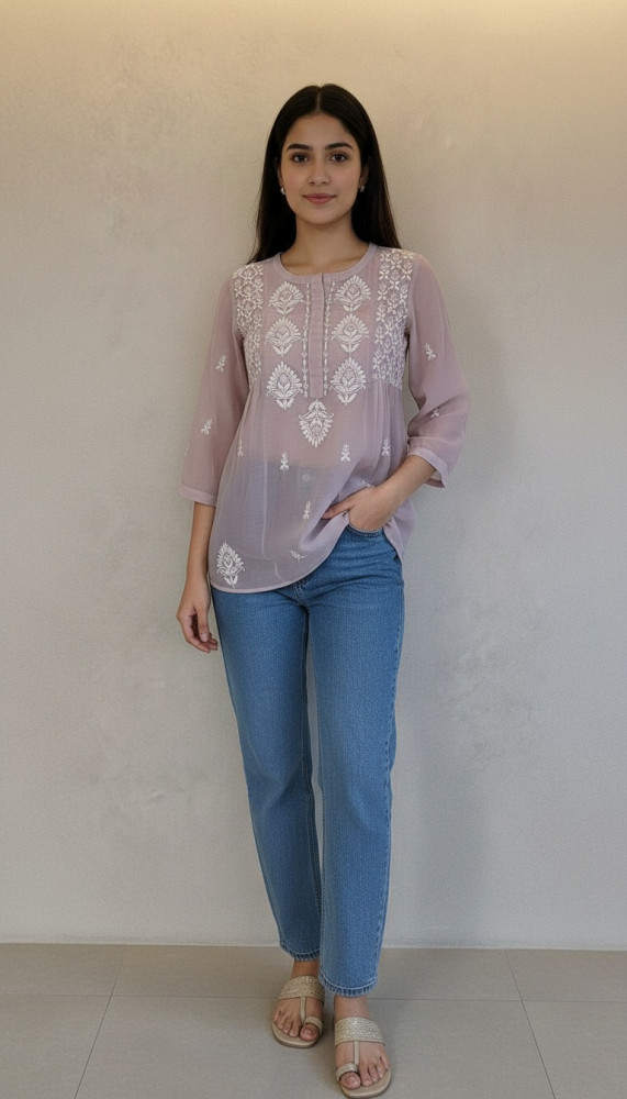 Image of Mauve Muslin Chikankari Short Top