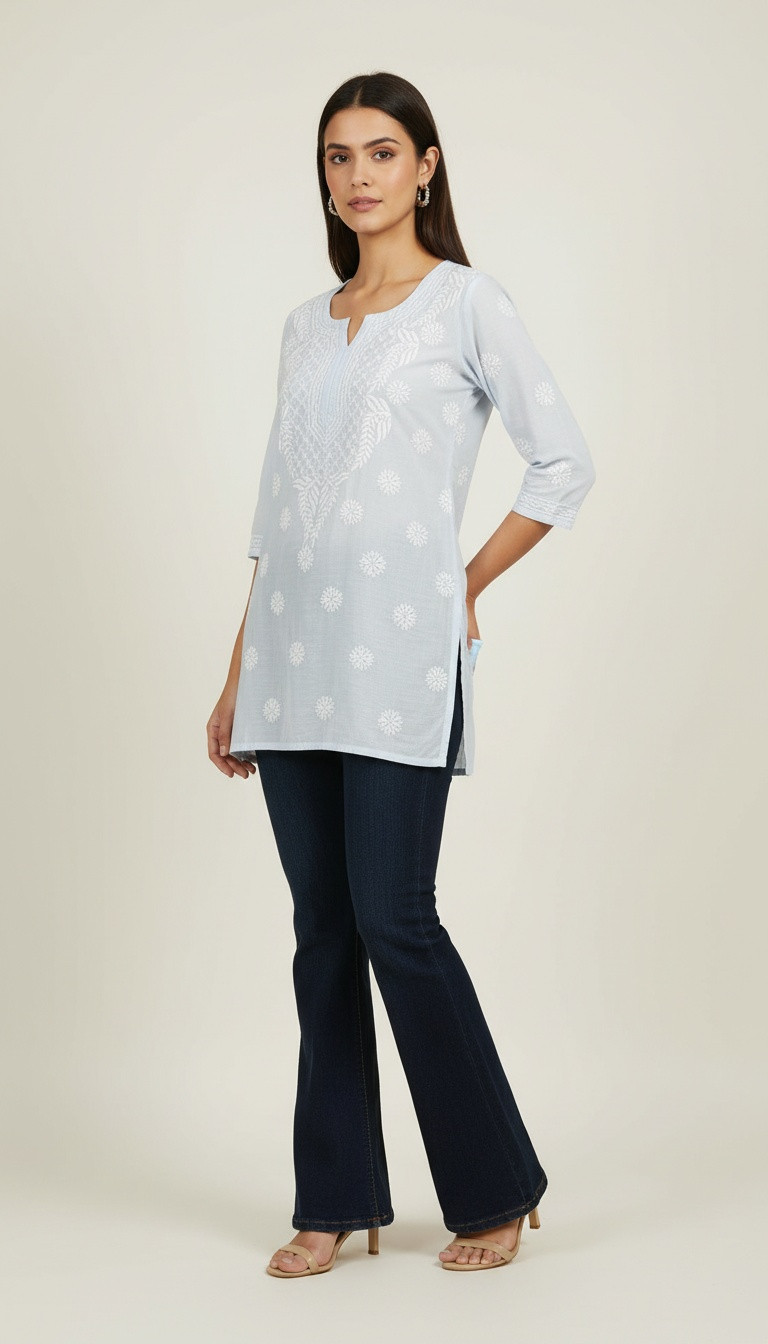 Blue Muslin Chikankari Short Top