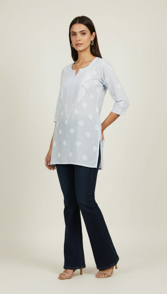 Image of Blue Muslin Chikankari Short Top