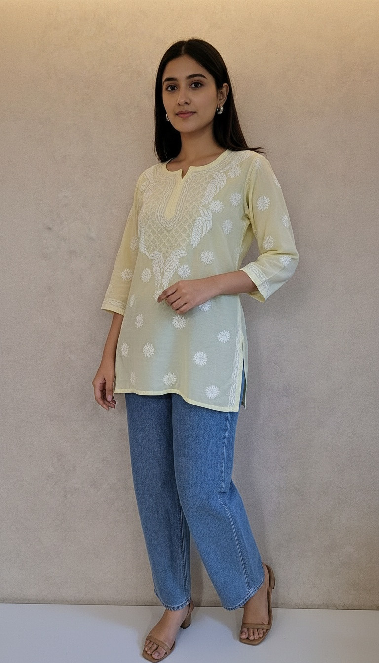 Lemon Yellow Muslin Chikankari Short Top