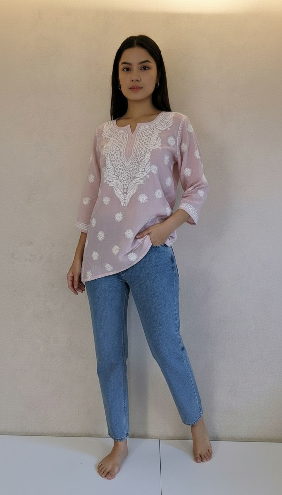 Image of Nude Pink Muslin Chikankari Short Top