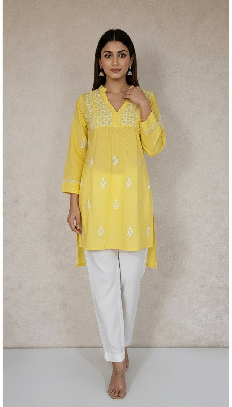 Yellow Cotton Chikankari Short Top