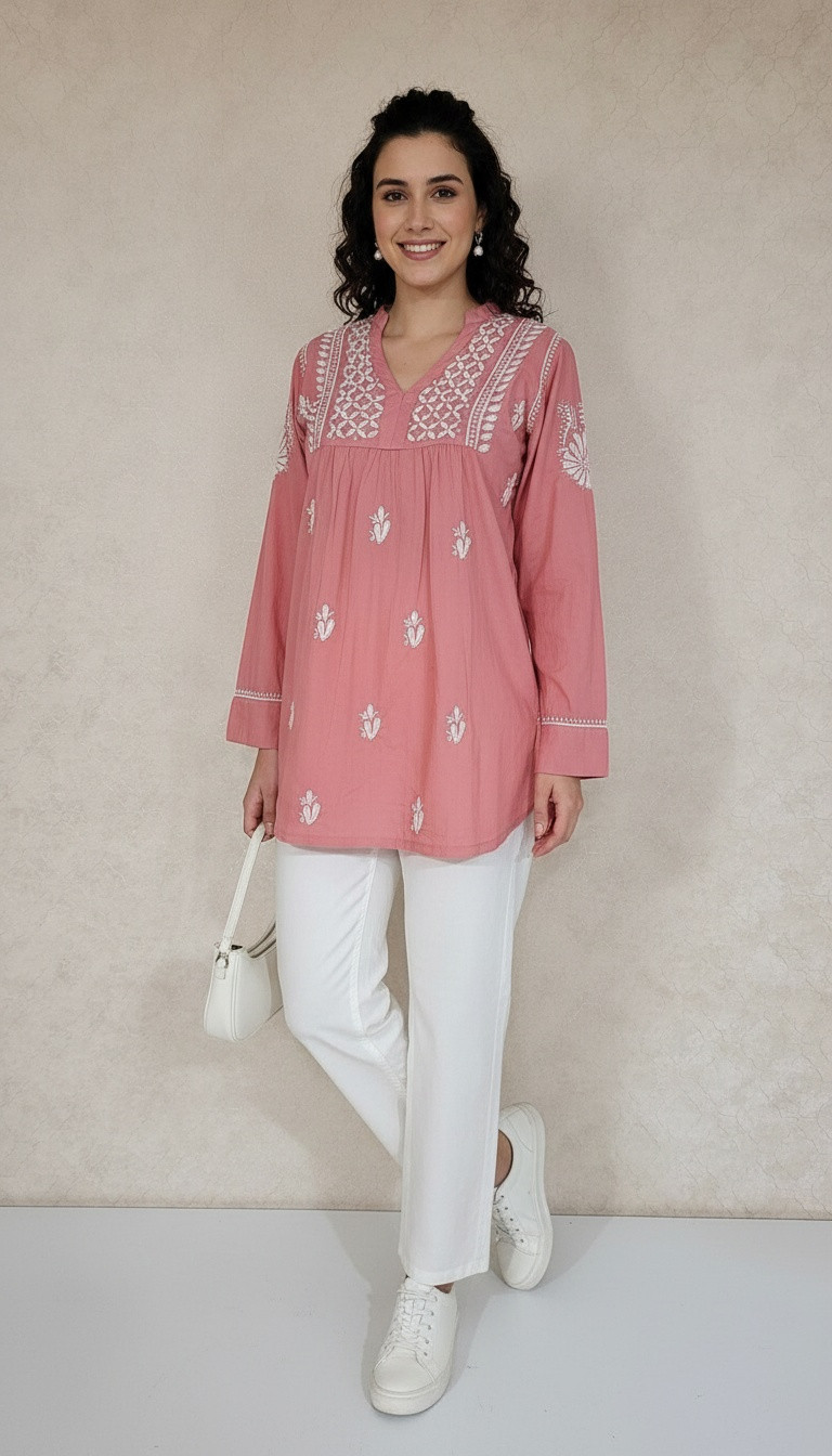 Carrot Pink Cotton Chikankari Short Top