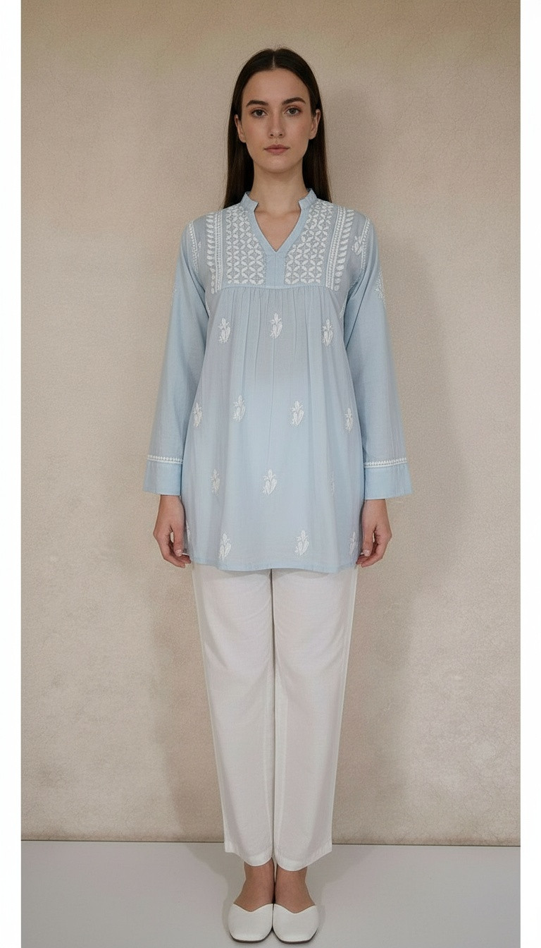 Blue Cotton Chikankari Short Top