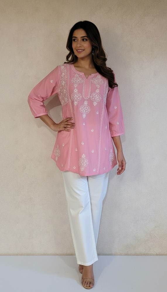 Image of Pink Muslin Chikankari Short Top