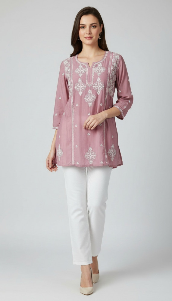 Image of Onion Muslin Chikankari Short Top