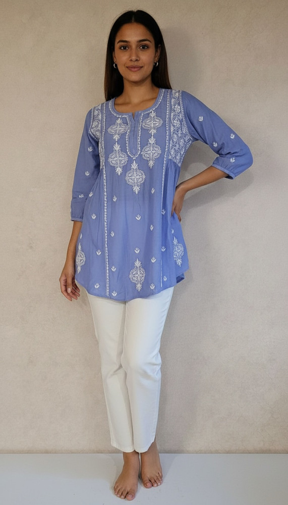 Image of Blue Muslin Chikankari Short Top