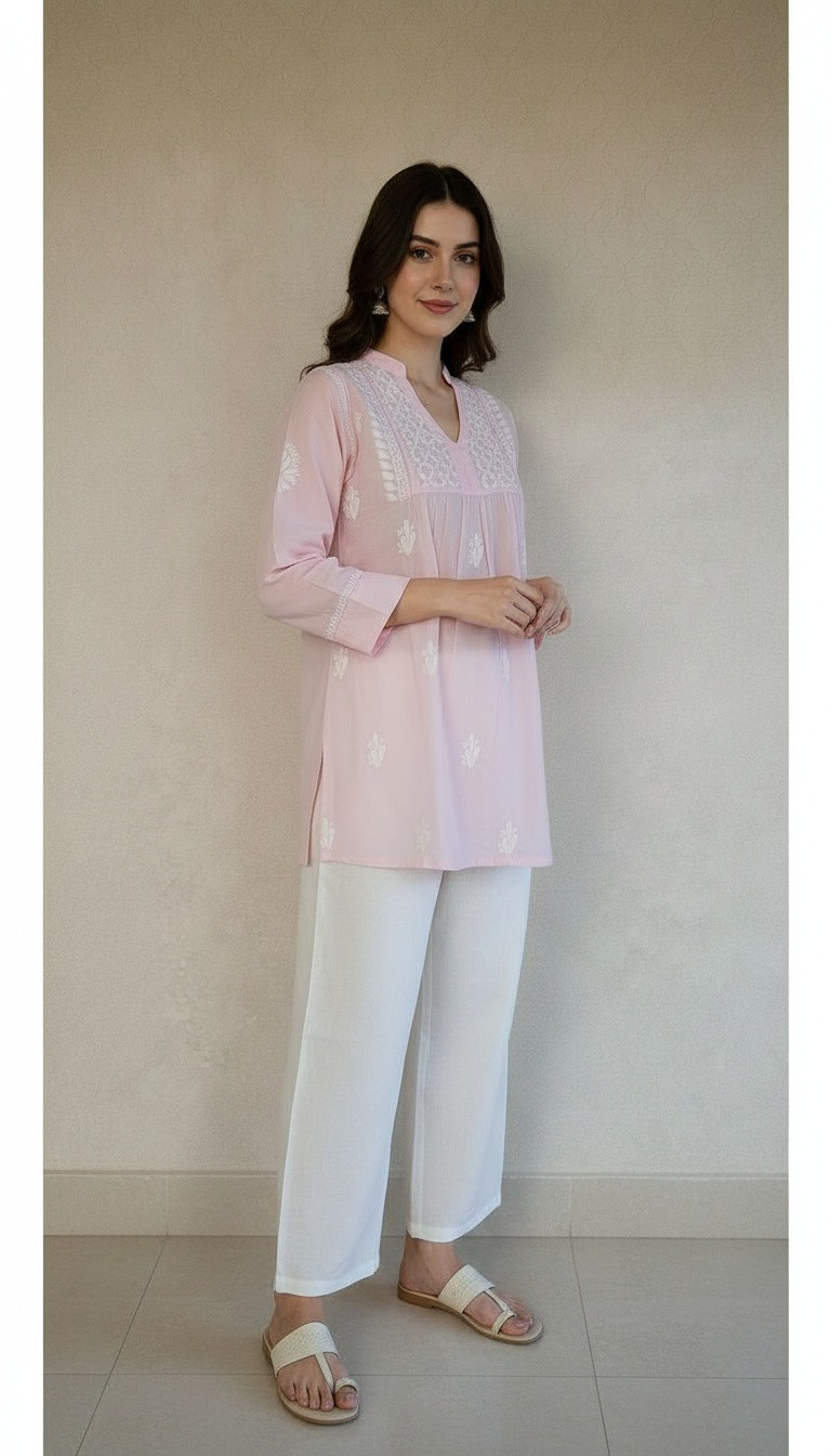 Pink Cotton Chikankari Short Top