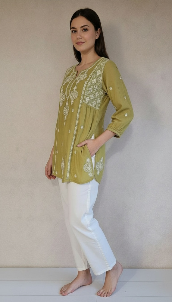 Image of Green Muslin Chikankari Short Top