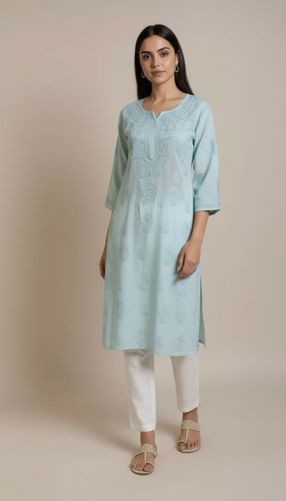 Image of Light Green Muslin Chikankari Kurta