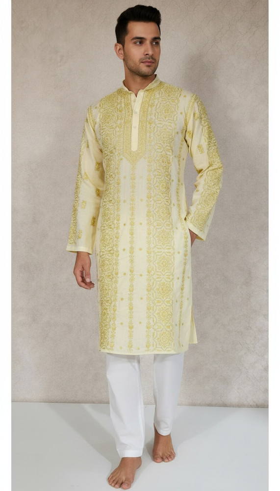 Image of Lemon Yellow Cotton Chikankari Kurta