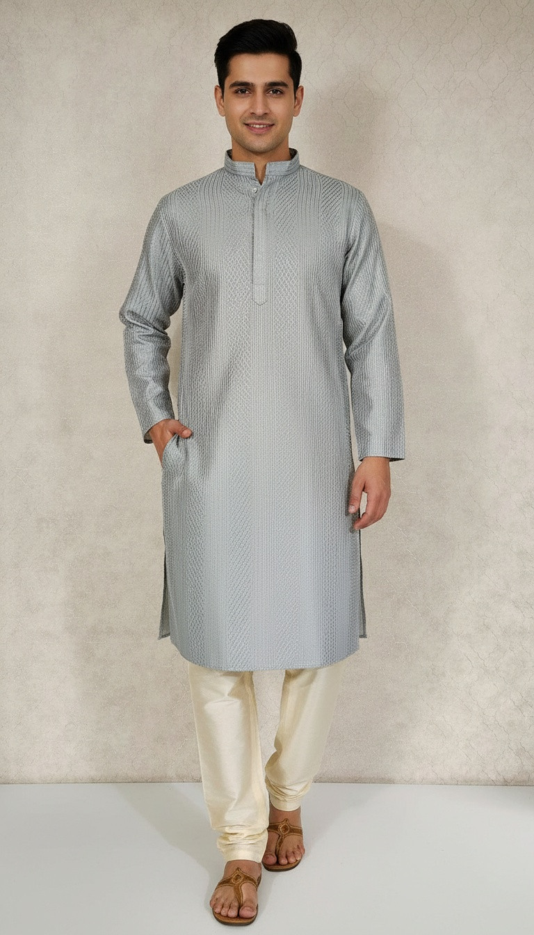Grey Raw Silk Hakoba Kurta Set