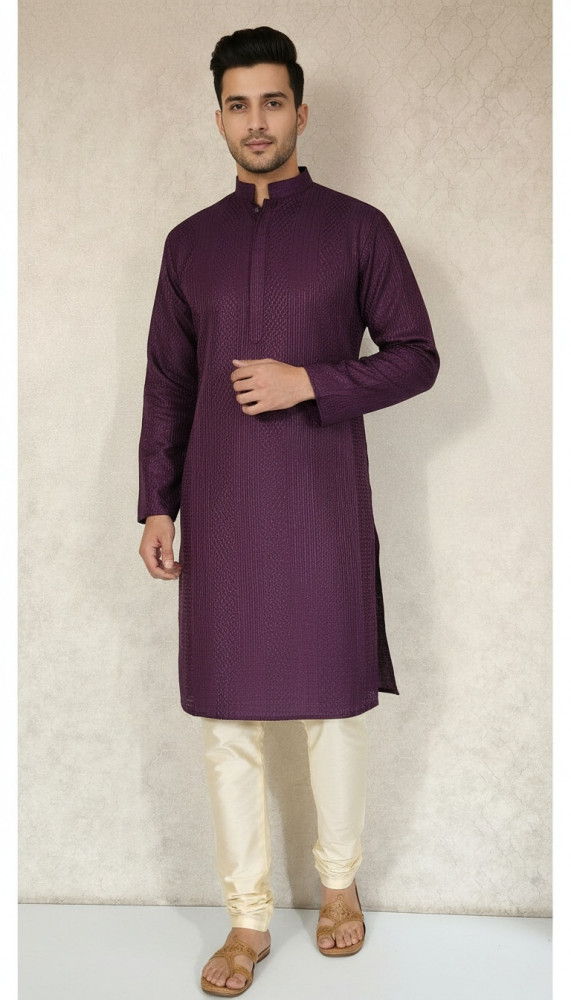 Image of Wine Raw Silk Hakoba Kurta Set