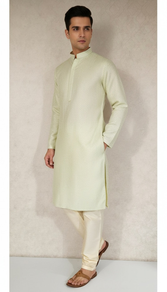 Image of Pista Green Raw Silk Hakoba Kurta Set