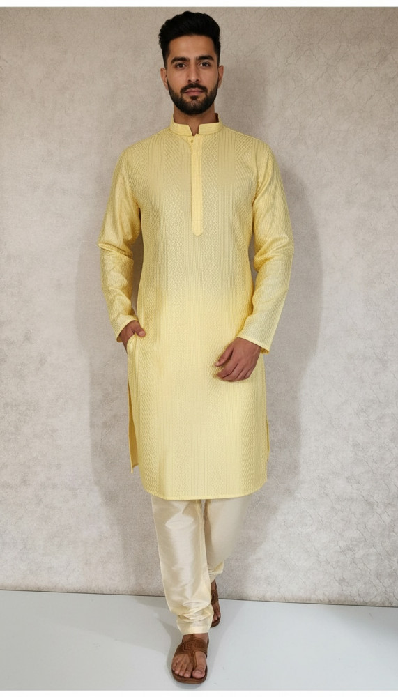 Image of Light Yellow Raw Silk Hakoba Kurta Set