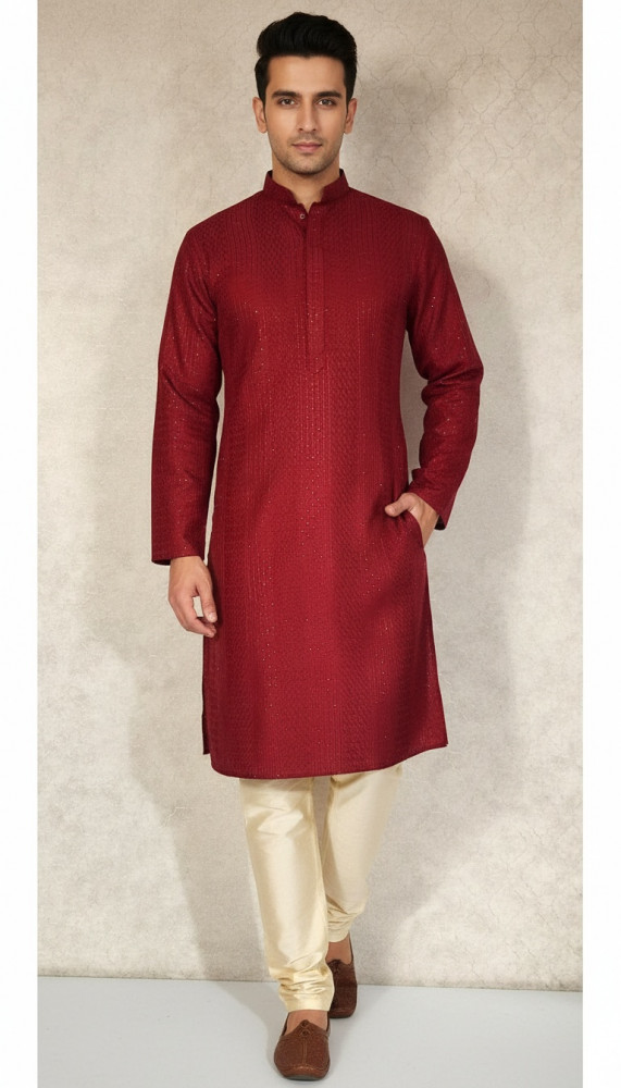 Image of Red Raw Slik Hakoba Kurta Set