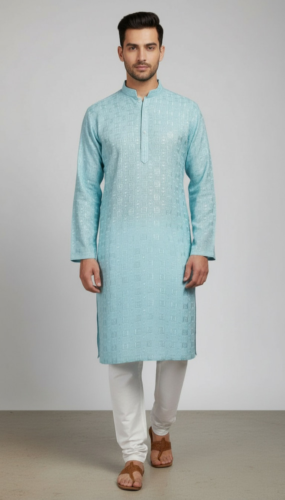 Image of Sea Green Rayon Hakoba Kurta