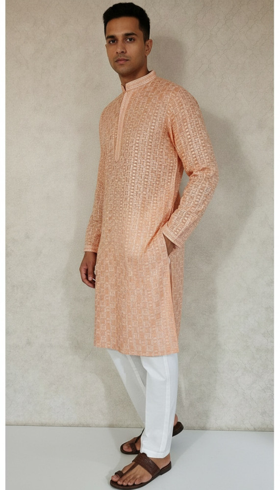Image of Peach Rayon Hakoba Kurta