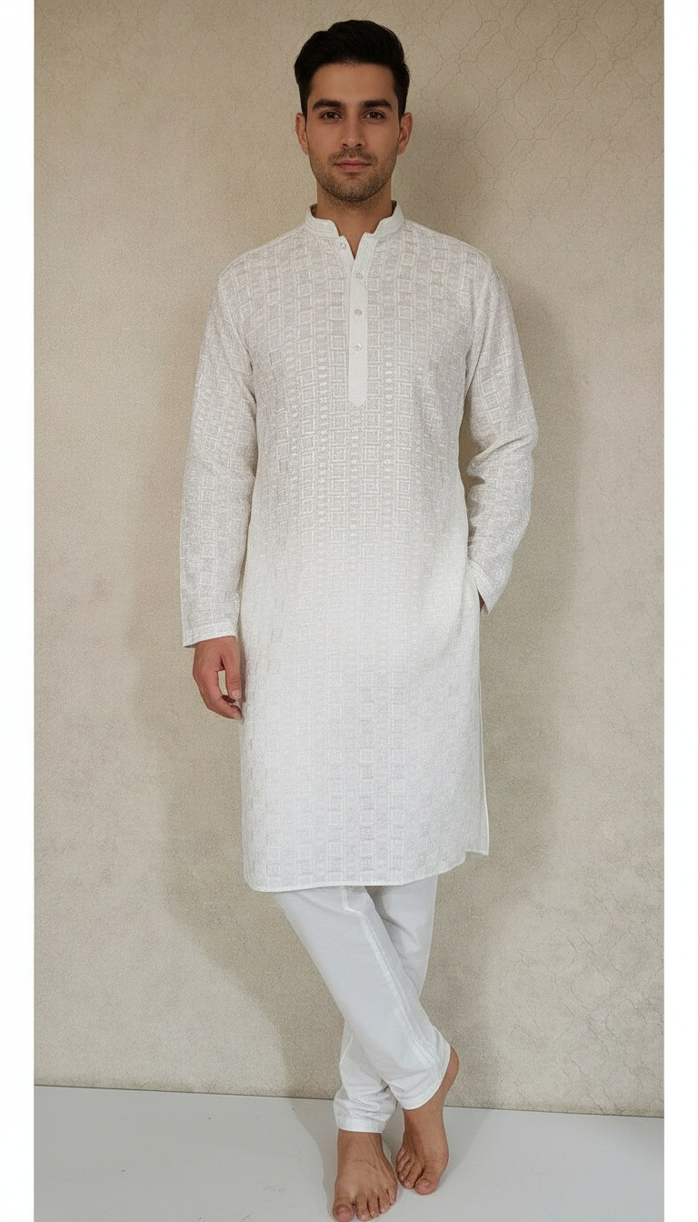 White Cotton Chikankari Kurta