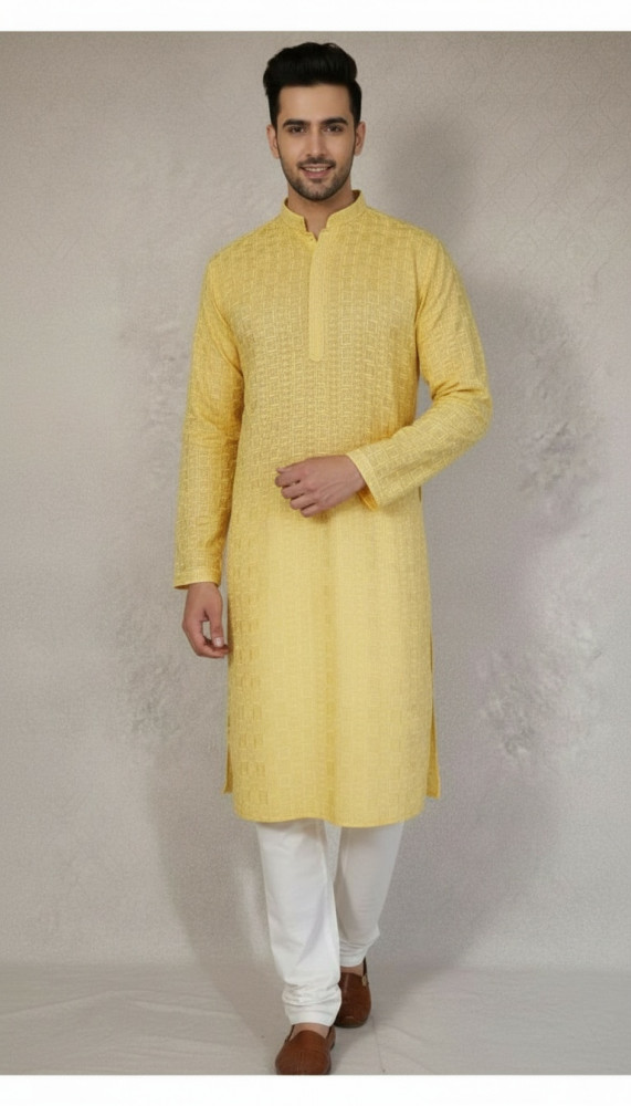 Image of Yellow Rayon Hakoba Kurta